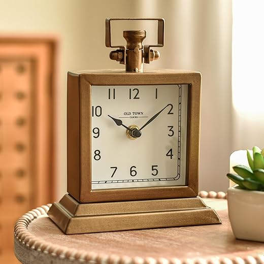 Metal Table Clock, Decorative Mantel Desk Shelf Clock with Antique Gold Finish, Gold Small Mantel Clock with Silent Quartz Movement