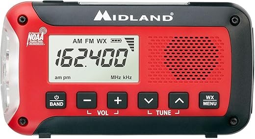 Midland ER50 Emergency Radio with Weather Alert and Flashlight - Hand Crank or Solar Power NOAA Weather Radio for Home or Travel with AM/FM Tuner and Phone Charger