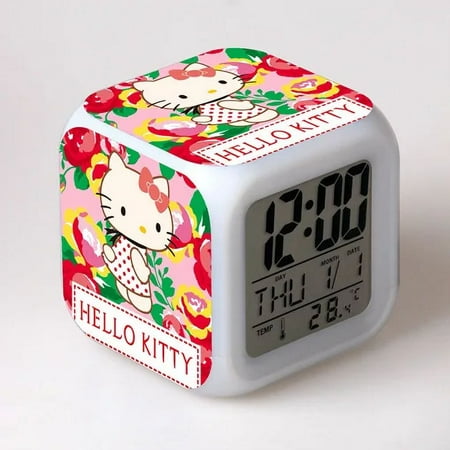 MINISO Sanrio‘s New Cartoon Hello Kitty Colorful LED Color-changing Alarm Clock Square Clock Student Gift Best Birthday Gift HUIFEIFEI