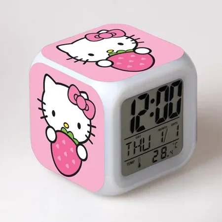 MINISO Sanrio‘s New Cartoon Hello Kitty Colorful LED Color-changing Alarm Clock Square Clock Student Gift Best Birthday Gift