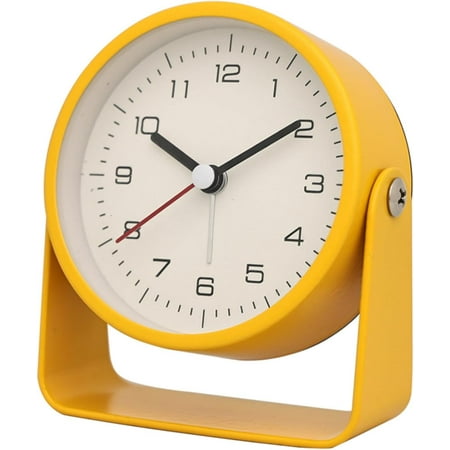 Modern Analog Alarm Clock, 3.5 Inch Minimalist Metal Border Table Alarm Clock, Silent Non Ticking Desk Alarm Clock with Battery Power, Bedside Alarm Clock for Kids Student(Yellow)