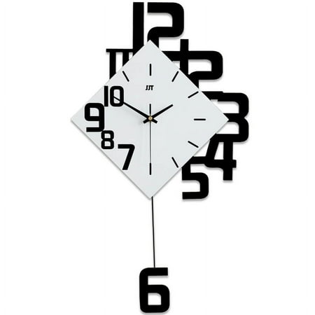 Modern Decorative Wall Clock with Pendulum, Large Square Simple Pendulum Clock,Wood Black White for Living Room Cafe Restaurant