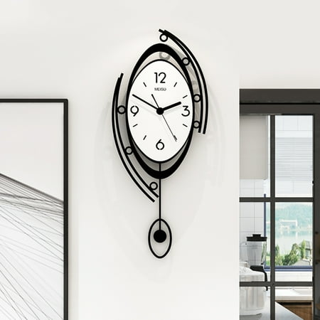 Modern Pendulum Wall Clock for Living Room, Round Decorative Silent Non-Ticking Wall Clock Battery Operated Quartz Movement Metal Swing Wall Clock Black