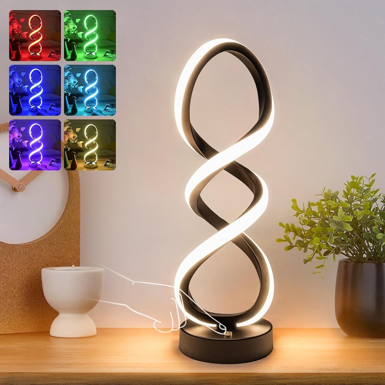 Modern Table Lamp, 7 Colors 10 Light Modes Spiral Design Table Lamp,Black