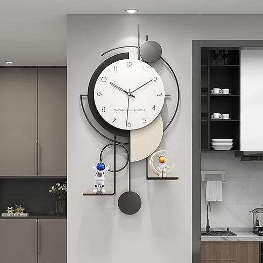 Modern Wall Clock Decorative Wall Clocks for Living Room Decor Large Wall Clock with Battery Operated Non Ticking Silent Metal Wall Clock with Shelf Bedroom Study Office 32 Inch