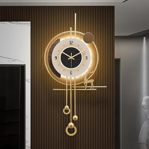 Modern Wall Clock for Living Room,Large Gold Decorative Wall Clock with Light,Creative Silent Clock Battery Operated for Kitchen/Entryway/Bedroom/Office/Dinning Room Metal Wall Decor