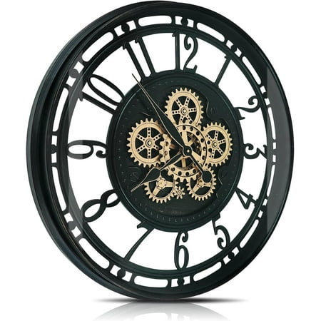 Moving Gears Wall Clock Large Modern Metal Clocks for Living Room Decor, Industrial Steampunk Unique Vintage Rustic Decorative Clock for Home Farmhouse Office, 27.6 Inch,Black Gold Arabic