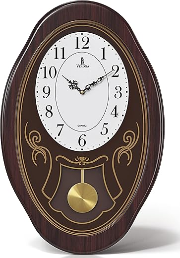 Musical Wall Clock with Pendulum - Oval Pendulum Wall Clock with Melodies & Westminster Chimes - Chiming Clock Battery Operated, Wood Pendulum Clock for Living Room, Office, Home Decor & Gift