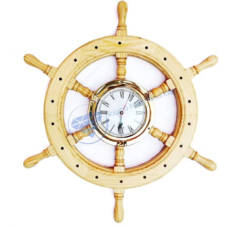 Nagina International 24 Premium Pine Wood Nautical Ship Wheel with Brass Heavy 8 Quartz Clock - Home Decor