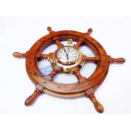 Nagina International Nautical Hand Crafted Wooden Captain's Maritime Porthole Ship Wheel Brass Quartz Clock with Roman Numerals - Home Decor - Pirate Nursery Gift (36 Inches)