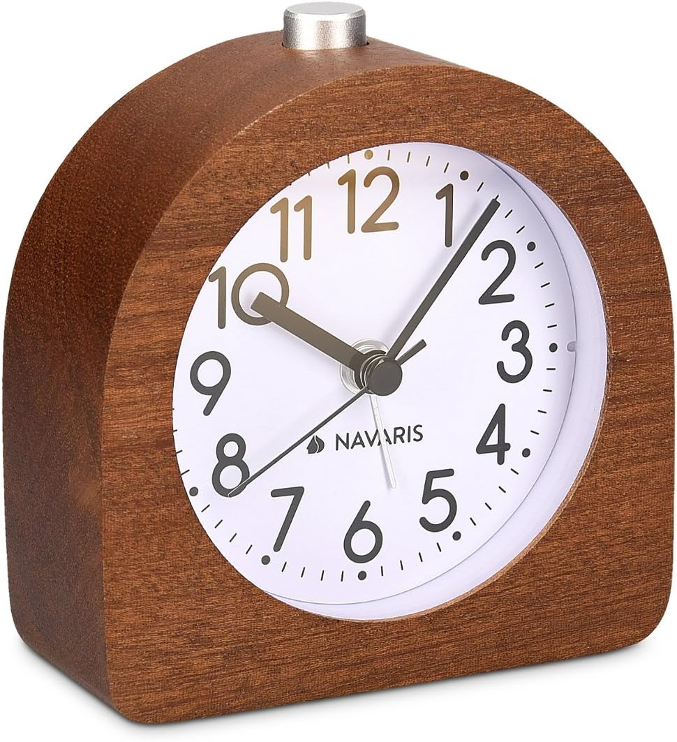 Navaris Wood Analog Alarm Clock - Half-Round Battery-Operated Non-Ticking Clock with Snooze Button and Light - Dark Brown