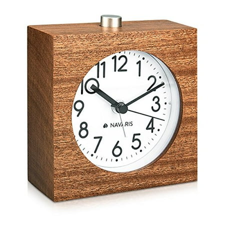 Navaris Wood Analog Alarm Clock - Square Battery-Operated Non-Ticking Clock with Snooze Button and Light - Dark Brown