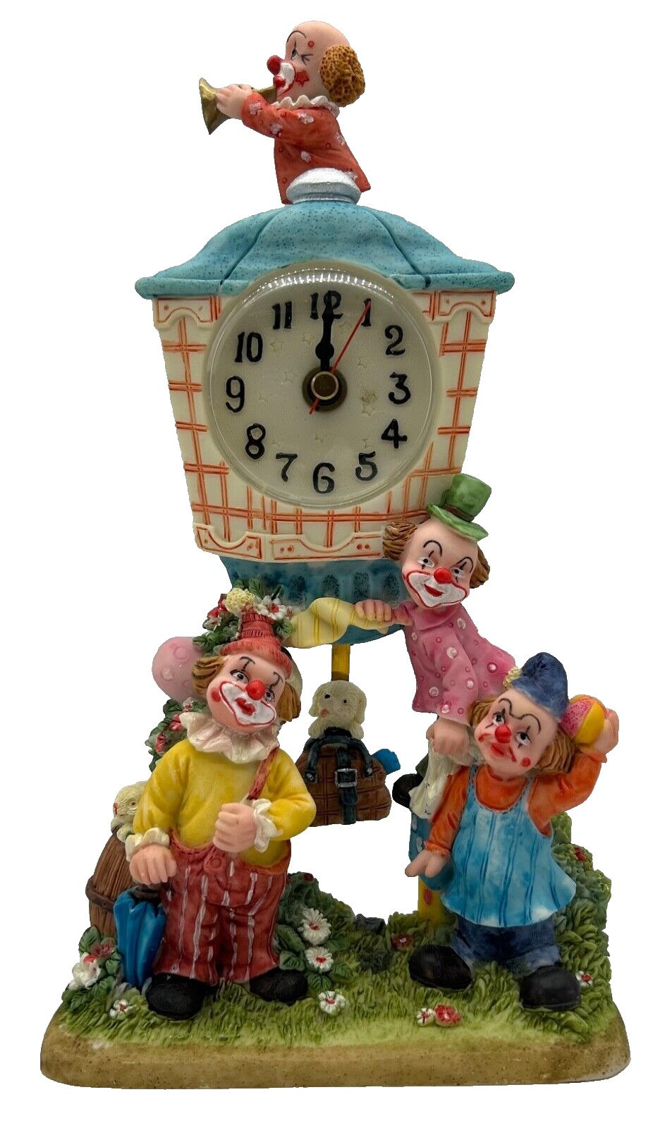 New Cute Resin 6”x11”x2.5” Clowns with Puppy Pendulum Desk/Shelf/Table Clock
