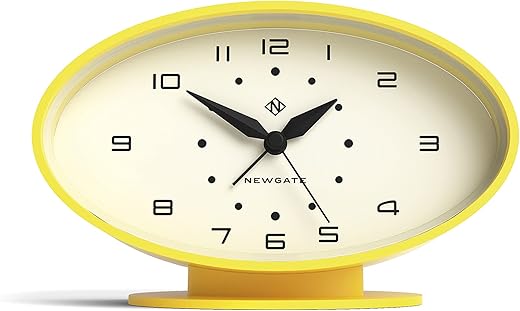 NEWGATE® Ronnie Retro Alarm/Desk Clock - Oval Shaped Alarm Clock - Analogue No-Tick Alarm Clock - Small Alarm Clock - Arabic Dial - Colourful Case - Matt Finish (Yellow)