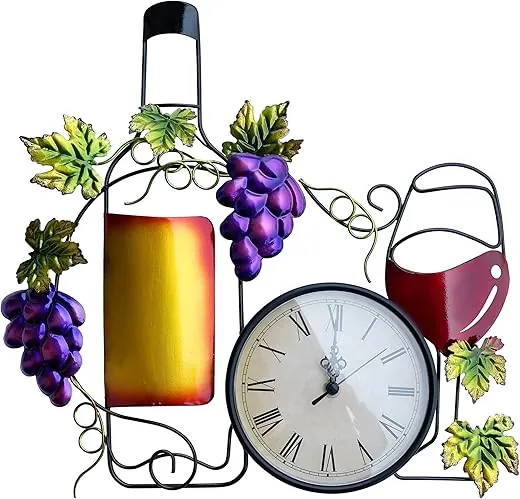 Metal Wine Wall Clock for Kitchen, Large 16 inch Wine Metal Wall Art Decor, Decorative Wall Clock with Wine Bottle Wine Glass Fake Grape, Battery Operated for Home Living Room Dining Room