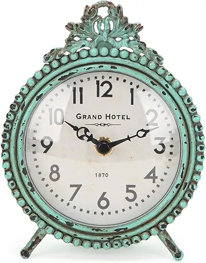 NIKKY HOME Antique Table Clock Silent Non-Ticking, Small Shelf Desk Top Clock Battery Operated Rustic Distressed Design, Shabby Chic Home Decor for Fireplace Mantel, Desktop, Countertop- Green