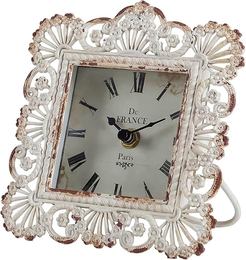 NIKKY HOME Vintage Table Clock, Shabby Chic Decorative Pewter Desk Clock Battery Operated for Living Room Bathroom Shelf, Cream Color