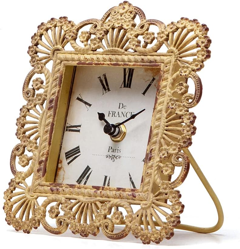 NIKKY HOME Vintage Table Clock, Shabby Chic Decorative Pewter Desk Clock Battery Operated for Living Room Bathroom Shelf, Yellow