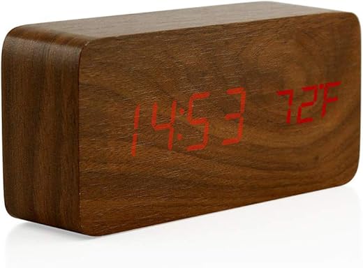 OCT17 Wooden Digital Alarm Clock, Multi-function Smart Alarm Clock, LED Light Alarm Clock with USB Power Supply, Voice Control, Thermometer - Brown