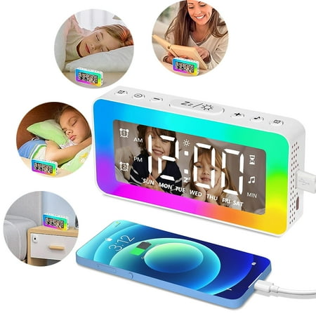 OhhGo Alarm Clocks for Bedrooms, Mirror Clock with 8 RGB Atmosphere Light, Dual Alarms, 3 Alarm Modes, Snooze, Sleep Aid, Timer, USB Charger, Bedside Digital Alarm Clock for Kids, Adults