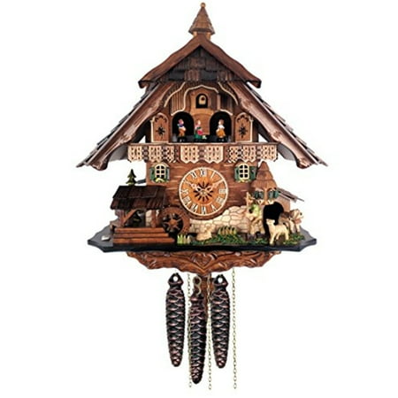 One Day Musical Cuckoo Clock Chalet Volksmarcher raises staff, waterwheel, turret