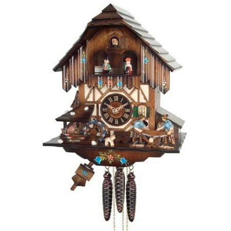 One Day Musical Cuckoo Clock with Men Sawing Wood, Waterwheel, and Dancers