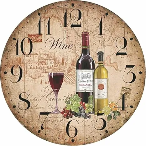 oumao 12" Retro Vintage Wine Pattern France Style Non-Ticking Silent Wooden Wall Clock Art Decoration for Kitchen/Living Room/Bedroom/Farmhouse