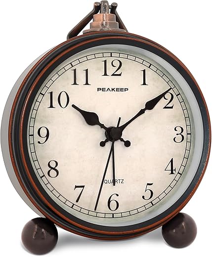 Peakeep 4" Small Battery Operated Antique Retro Analog Alarm Clock with Contour Lines in Gold for Room Decors, Silent Elegant Bedside Desk Gift Clock