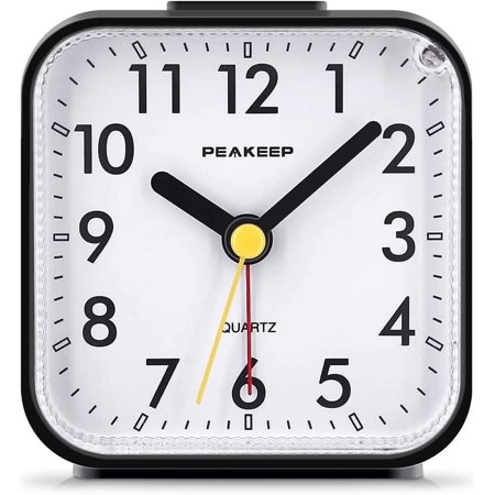 Peakeep Small Battery Operated Analog Travel Alarm Clock Silent No Ticking, Lighted on Demand and Snooze, Beep Sounds, Gentle Wake, Ascending Alarm, Easy Set (Black)