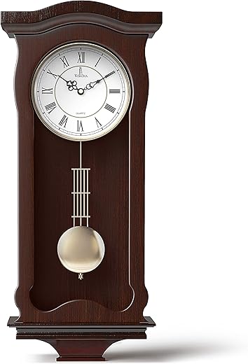 Pendulum Wall Clock Battery Operated - Hanging Grandfather Wall Clock with Pendulum - Quiet Wood Pendulum Clock - Decorative Wooden Wall Clock for Living Room Decor, Office & Home Décor Gift 23.5x9.75