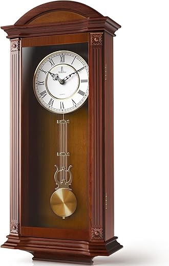 Pendulum Wall Clock Battery Operated - Large Hanging Grandfather Wall Clock with Pendulum - Quiet Wood Pendulum Clock - Wooden Wall Clock for Living Room Decor, Office & Home Décor Gift 27x11