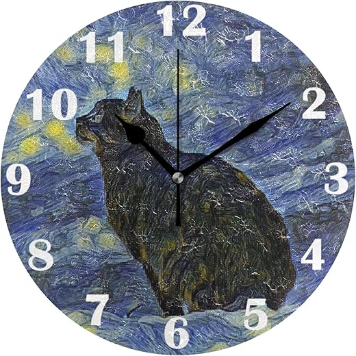 Pfrewn Lunar Star Cat Van Gogh Wall Clock Silent Non Ticking Animal Galaxy Clocks Battery Operated Vintage Desk Clock 10 Inch Quartz Analog Quiet Bedroom Living Room Home Decor