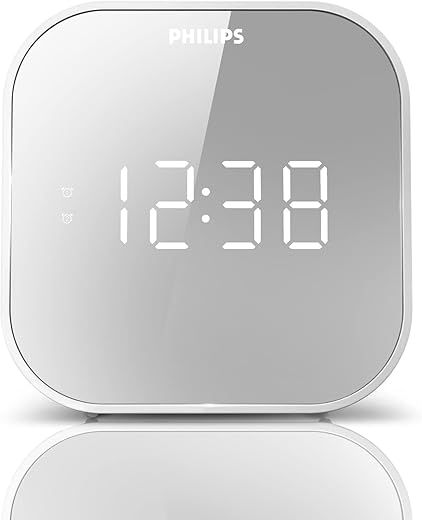 PHILIPS FM Radio Alarm Clock with USB Charging Port, Battery Backup for Bedroom, Dual Function, Sleep Timer, Easy Snooze and Mirror-Finish Display