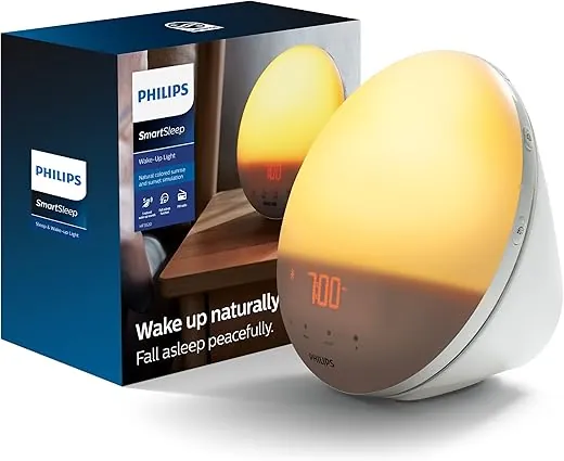 Philips SmartSleep Wake-up Light, Colored Sunrise and Sunset Simulation, 5 Natural Sounds, FM Radio & Reading Lamp, Tap Snooze, HF3520/60