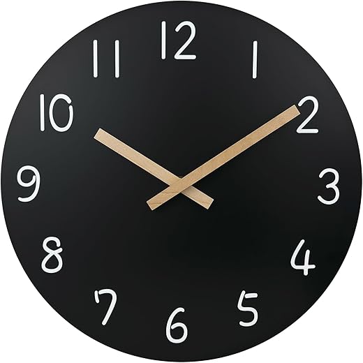 Plumeet 12'' Wooden Wall Clock Frameless Clocks with Silent Quartz Movement - Modern Style Village Wall Clocks Decorative Home Kitchen - Battery Operated (Black)