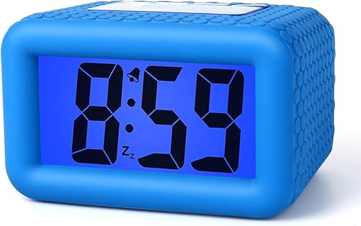 Plumeet Digital Alarm Clock Kids with Snooze and Backlight - Simple Travel Clocks Large LCD Display - Loud Alarm Clock for Bedroom - Battery Powered(Blue)