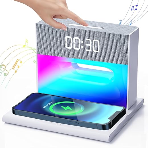 POHO Alarm Clocks for Bedrooms, Alarm Clock with Wireless Bluetooth Speaker, Alarm Clock with Wireless Charging, 4 in 1 Touch Bedside Lamp, Bluetooth Alarm Clock for Heavy Sleepers, White