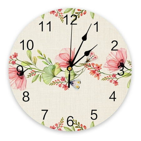 Poppy Flower Butterfly Plant Burlap Round Wall Clock Creative Home r Living Room Quartz Needle Wall Clocks Hanging Watch