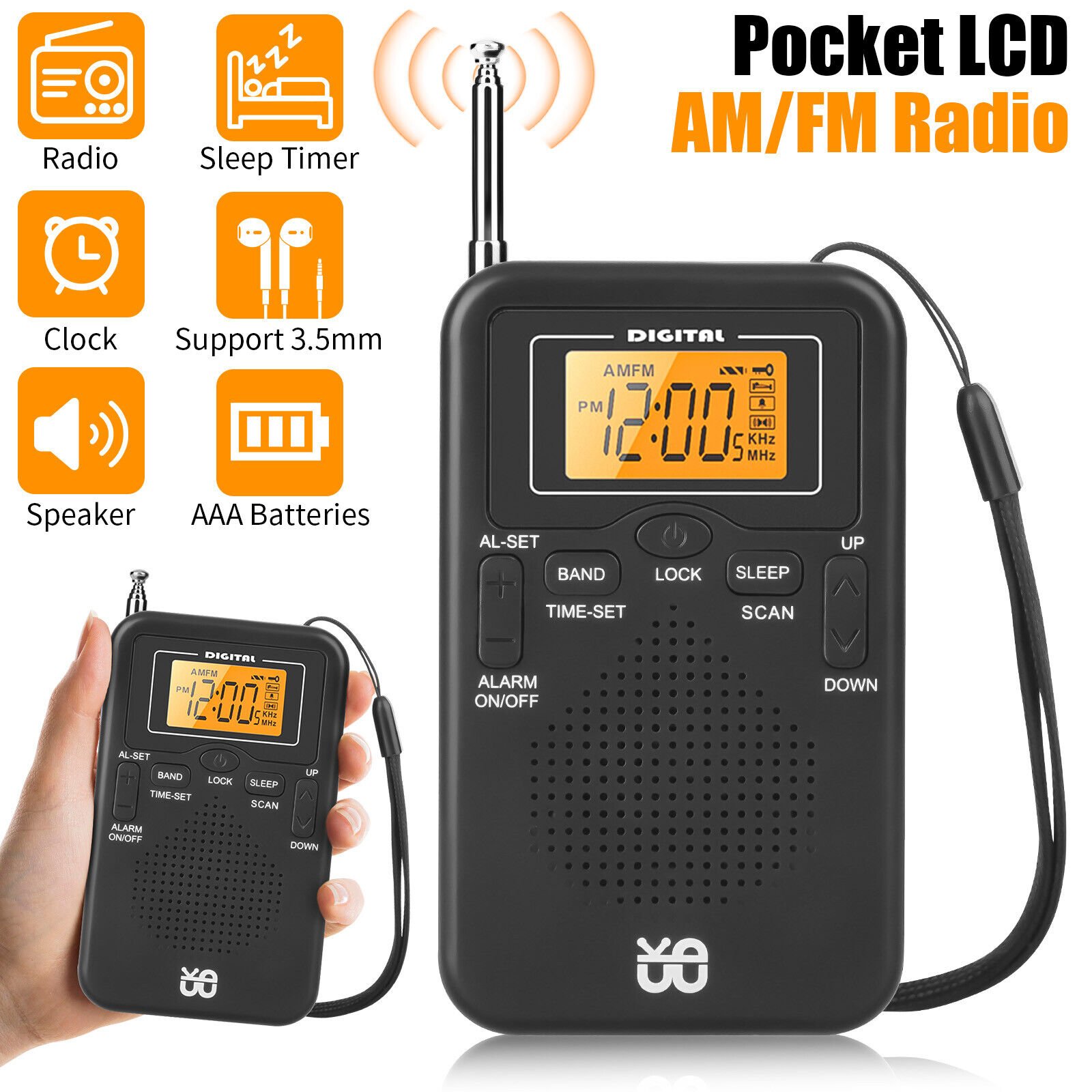 Portable Pocket AM FM Radio w/Digital LCD Screen Display Loud Speaker for Sports