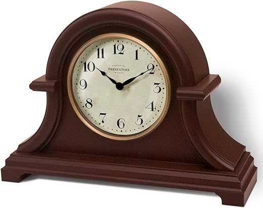 Presentime & Co. Vintage Farmhouse Mantel Clock Series, Napoleon Desk & Shelf Clock, 13 x 10 inch, Domed Lens, Quartz Movement, Walnut Brown Finish (Home Decoration/Tabletop Decoration)