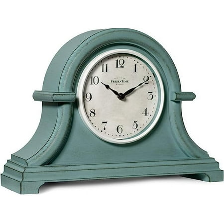 PresenTime & Co Vintage Farmhouse Table Clock Series Napoleon Mantel Clock,13 x 10 inch, Domed Lens, Quartz Movement, Aged Teal Color