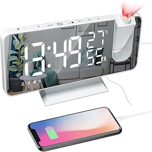 Projection Alarm Clock for Bedroom Ceiling Digital Clock Radio with USB Charger Ports 180° Rotatable Projector, 12/24H,Snooze,Dual Loud Alarm Clock (White)