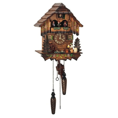 Quartz Cuckoo Clock Black Forest house with moving beer drinker and mill wheel, with music