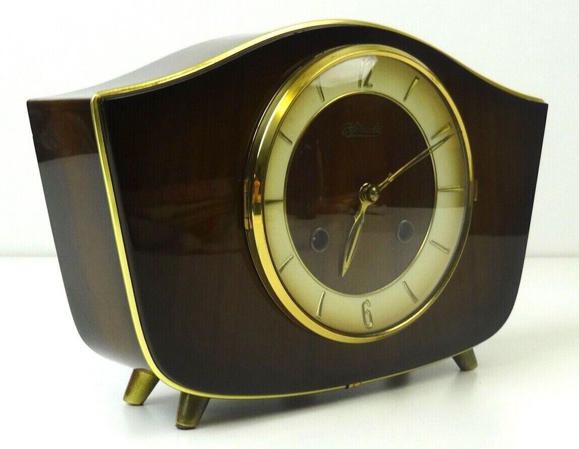 RARE ORIGINAL 60S GERMAN MID CENTURY TEAK DESK MANTEL CHIMNY CLOCK BY HERMLE