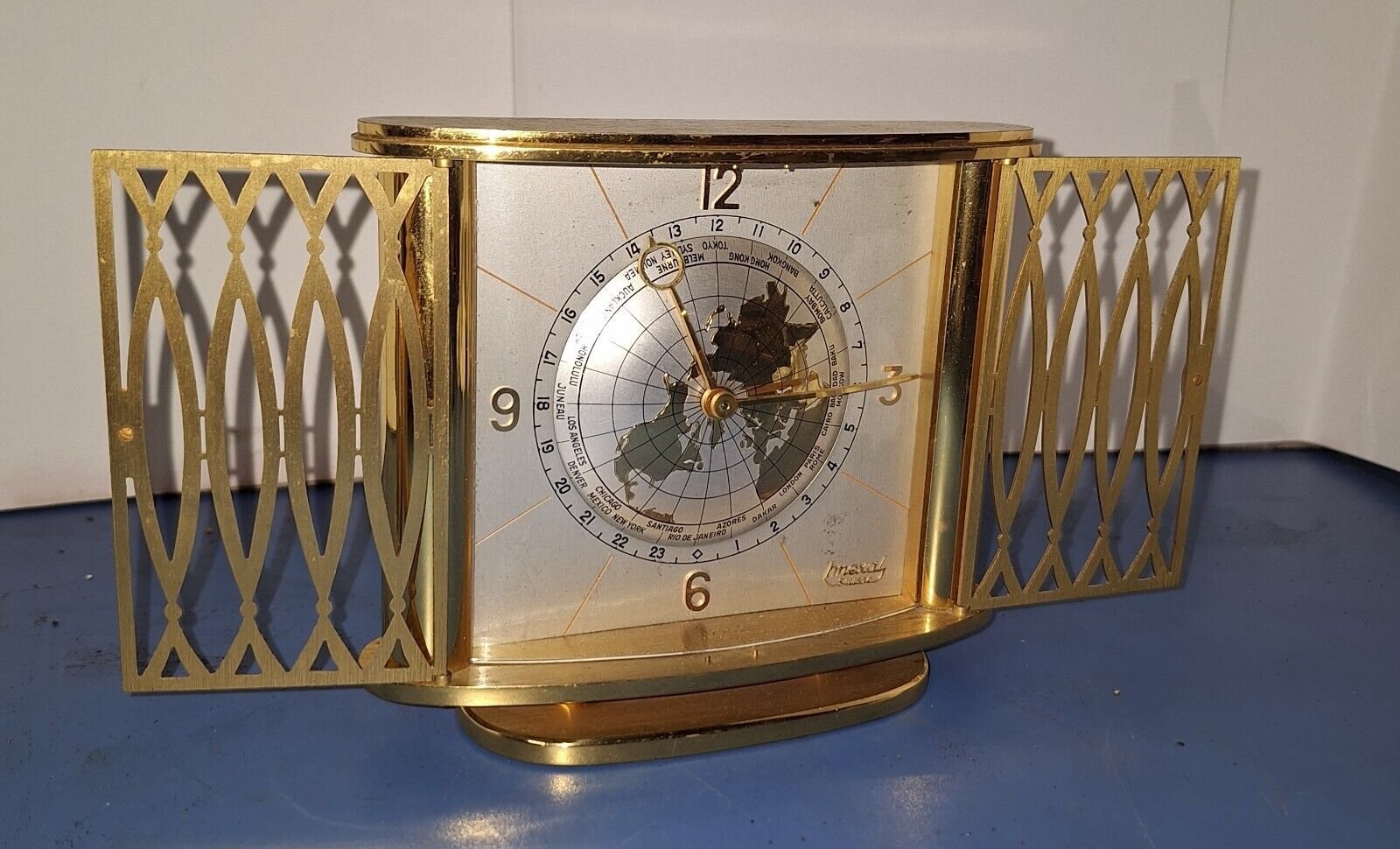 RARE UNUSUAL IMEXAL WORLD TIME SWISS DESK CLOCK WORKING ART-DECO MID CENTURY