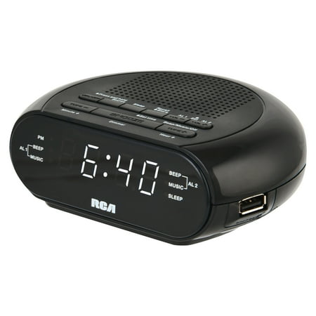 RCA Digital Radio Alarm Clock with Soothing Sounds, Brightness Control, and USB Charging Port