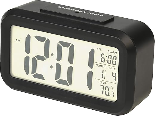 RCA Portable Alarm Clock with Auto Night Light Sensor, Adjustable Brightness, Indoor Temperature Display, Full Calendar with 12 or 24 Hour Options