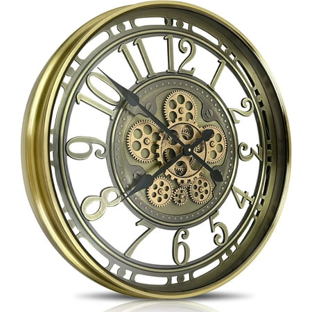 Real Moving Gears Wall Clock Large Modern Metal Clocks for Living Room Decor, Industrial Steampunk Unique Vintage Rustic Decorative Clock for Home Farmhouse Office, 21 Inch,Bronze Gold Arabic