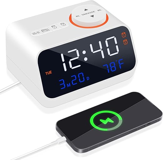 Rechargeable Small Battery Operated Digital Alarm Clock with Radio and USB Charging Ports, LED Digital Alarm Clock for Bedrooms, Bedside, Office Desk, Travel, etc(White)