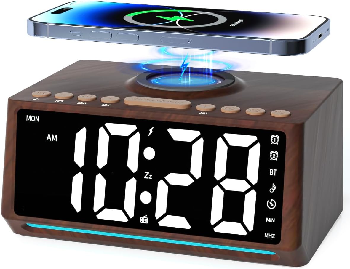 Retro Wooden Alarm Clock Radio for Bedroom with Large Numbers, Bluetooth Speaker, Wireless Charger Station for iPhone / Samsung, Dimmer, 7 Lights, 10 Natural Sounds, Bedside FM Radio Clock, Wood Décor